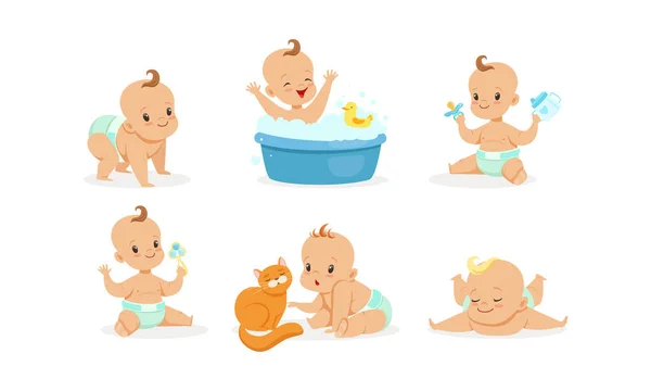 Bebés de dibujos animados en pañales. Ilustración vectorial sobre fondo blanco . — Vector de stock