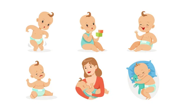 Bebés lindos en diferentes situaciones. Ilustración vectorial sobre fondo blanco . — Vector de stock