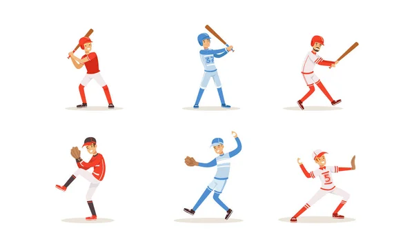 Giocatori di baseball con pipistrelli e guanti. Illustrazione vettoriale su sfondo bianco . — Vettoriale Stock