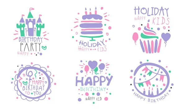 Conjunto de logotipos para uma festa de aniversário para uma menina. Ilustração vetorial sobre fundo branco . — Vetor de Stock