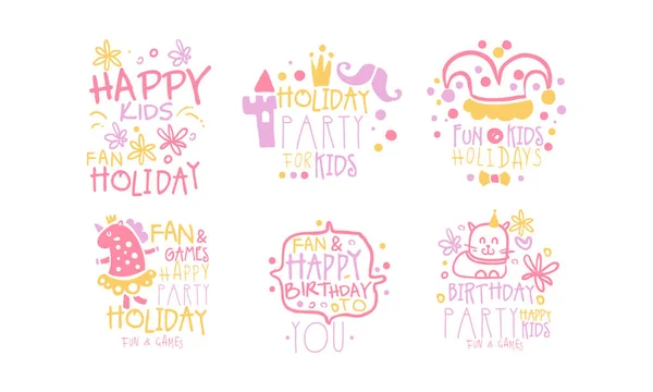 Set di scritte rosa carino con le immagini per una vacanza per bambini. Illustrazione vettoriale . — Vettoriale Stock