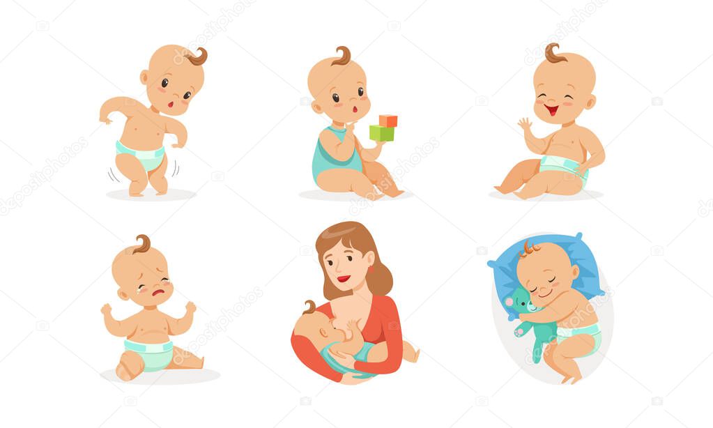 Cute babies in different situations. Vector illustration on a white background.