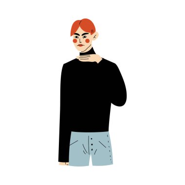 Boynunu Eli Vector İllüstrasyonuyla Keserek Bıkıp usanan Genç Adam Gösteriyor