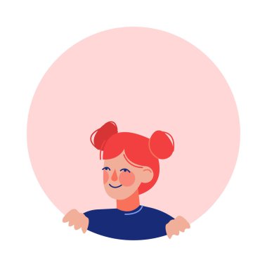 Yuvarlak Çerçeveden Dışarı Bakan Sevimli Kız, Çember Pencere Deliği Vektör İllüstrasyonunda Gözetleyen Çocuk