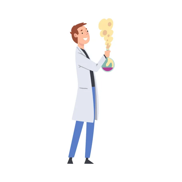 Male Scientist Character in Lab Coat Doing Experiment in Scientific Lab Vector Illustration — Stock Vector