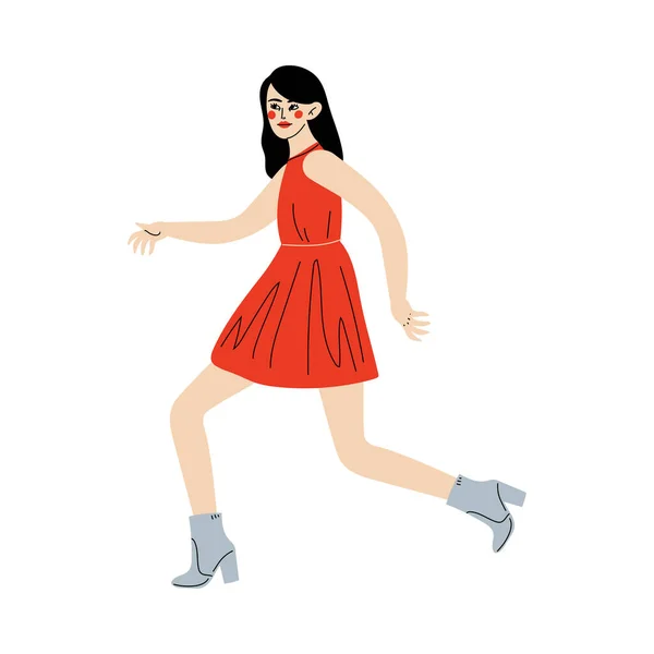 Jovem carismática em vestido vermelho indo para o sucesso, menina atingindo o objetivo ou resultado Vector Ilustração — Vetor de Stock