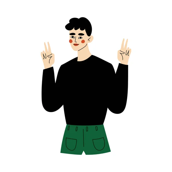 Jeune homme faisant la paix et l'amour Signes gestes Illustration vectorielle — Image vectorielle