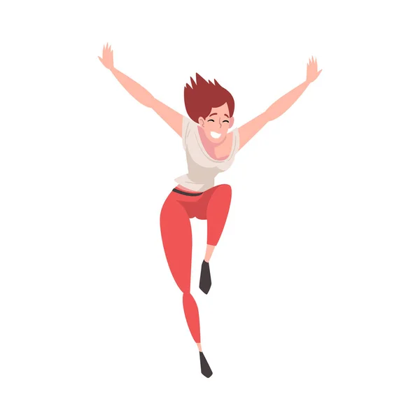 Happy Young Woman Running with Raising Hands Up, Smiling Positive Girl Character Rejoicing Vector Illustration — Stock Vector