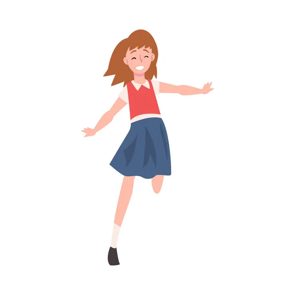 Glimlachend meisje loopt gelukkig met armen uitgestrekt, positief meisje karakter verheugen vector illustratie — Stockvector