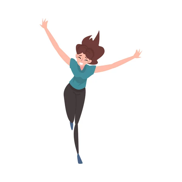 Feliz joven sonriente corriendo con los brazos extendidos, regocijándose chica positiva personaje Vector ilustración — Vector de stock
