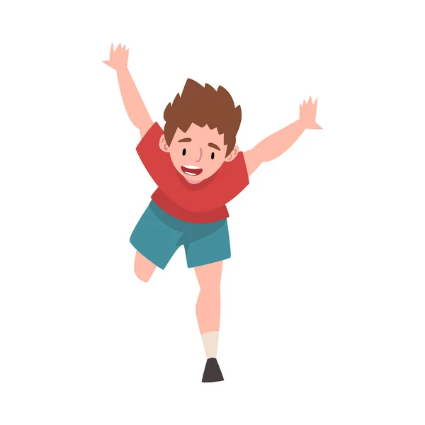 Ragazzo felice sorridente che corre con le mani in alto, rallegrandosi dell'illustrazione vettoriale del personaggio della persona positiva — Vettoriale Stock