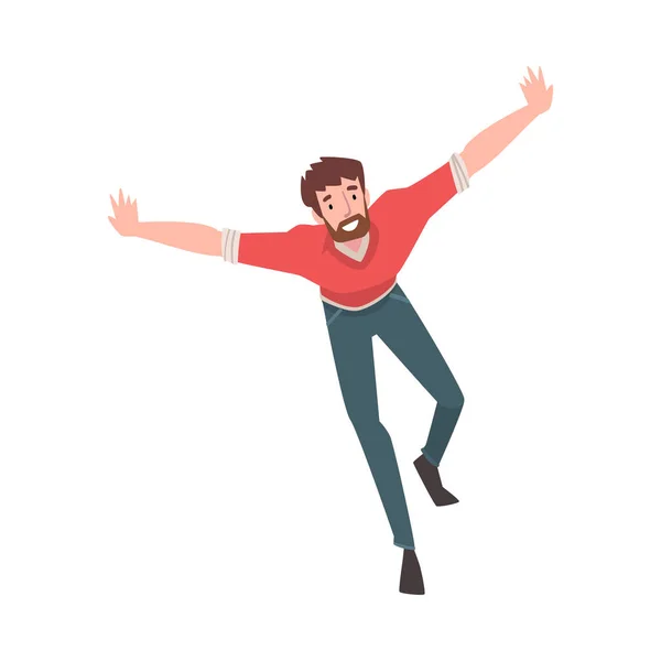 Hombre barbudo sonriente corriendo con los brazos extendidos, personaje positivo feliz Vector ilustración — Vector de stock