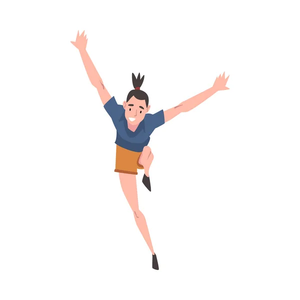 Uomo sorridente che corre con le mani in alto, felice positivo personaggio personaggio vettoriale Illustrazione — Vettoriale Stock