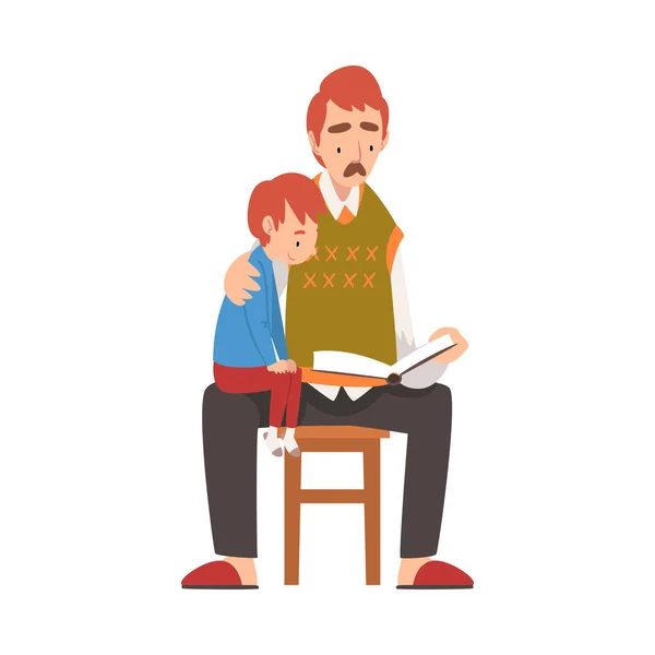 Πατέρας Διαβάζοντας ένα βιβλίο στο γιο του, αγόρι κάθεται σε Πατέρες Γόνατα Διάνυσμα Εικονογράφηση — Διανυσματικό Αρχείο