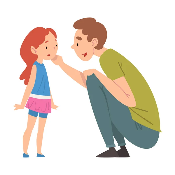 Apa vigasztalja a lányát, apa vigyáz a gyerekre a lány előtt, boldog családi kapcsolatot vektor illusztráció — Stock Vector