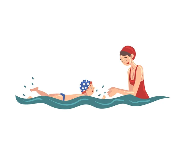 Moeder onderwijzen haar kleine zoon naar zwemmen in zwembad vector illustratie — Stockvector