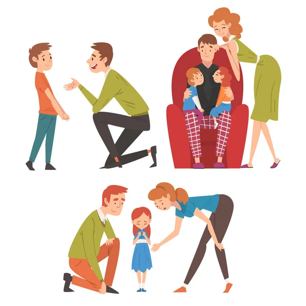 Loving Parents and Their Kids Set, Father and Mother Children Spending Good Time Together and Comforting Their Children, Happy Family Relationship Vector Illustration — Stock Vector