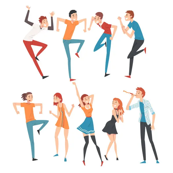 Glückliche Menschen feiern Veranstaltungsort, lächelnde junge Männer und Frauen tanzen auf Party Vektor Illustration — Stockvektor