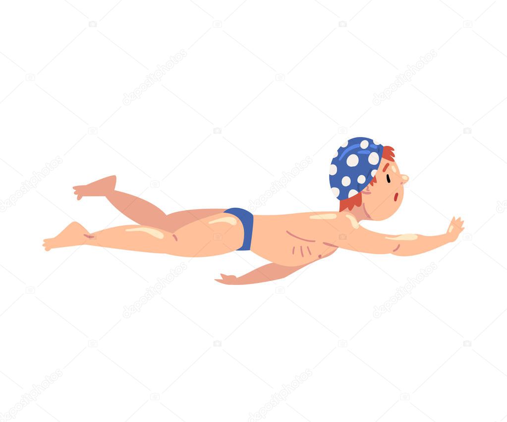 Cute Boy Swimming in Pool, Kid Doing Sports Vector Illustration