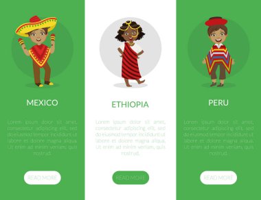 Meksika, Etiyopya, Peru İniş Sayfa Şablonu Geleneksel Kostüm Gösterimi Giyen Çocuklar