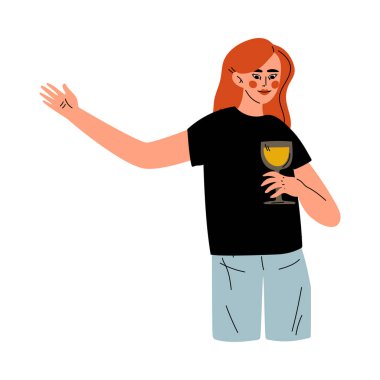 Şarabın Vektör İllüstrasyonuyla Önemli Bir Olayı Kutlayan Mutlu Genç Kadın
