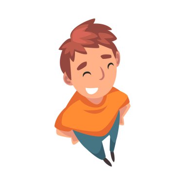 Gülümseyen Genç Çocuk Karakteri Yukarı Bakıyor, Üst Vektör Resimlerinden Görünüm