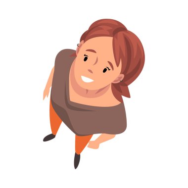 Cheerful Young Woman Character Looking Up, View from Above Vector Illustration