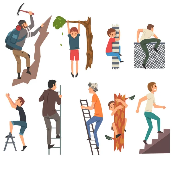 Homens superando o conjunto de obstáculos, personagens masculinos subindo a escada, árvore, pólo, cerca, Rock Mountain Vector Ilustração — Vetor de Stock
