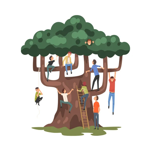 Adolescentes Hombres jóvenes trepando al árbol y sentados en ramas Vector Ilustración — Archivo Imágenes Vectoriales