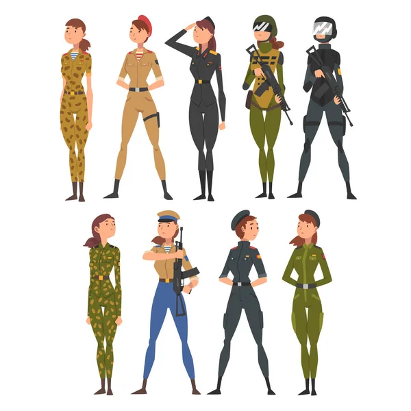 Colección de mujeres soldados u oficiales en uniforme de combate con rifles de asalto, personajes femeninos militares profesionales Vector Ilustración — Vector de stock