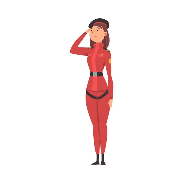 Mujer joven soldado u oficial en uniforme rojo saludando, personaje femenino militar profesional Vector ilustración — Vector de stock