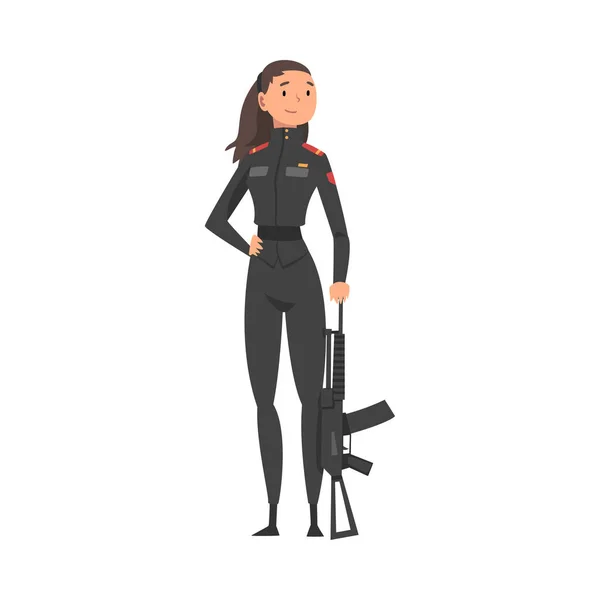 Jeune femme officier en uniforme noir avec fusil d'assaut, illustration vectorielle de personnage militaire professionnel féminin — Image vectorielle