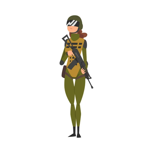 Jeune femme soldat ou officier en gilet pare-balles, masque et fusil d'assaut, illustration vectorielle de personnage militaire féminin professionnelle — Image vectorielle