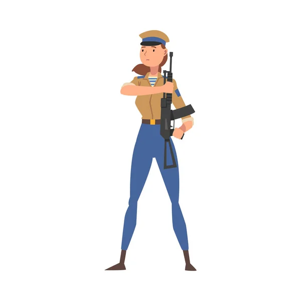 Mulher Soldado e Oficial em Uniforme com Espingarda de Assalto, Profissional Militar Feminino Personagem Vector Ilustração — Vetor de Stock