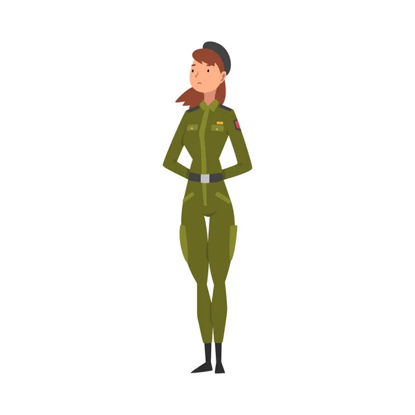 Młoda kobieta Żołnierz lub oficer w mundurze bojowym i czarnej czapce, profesjonalne wojskowe kobieta znak wektor ilustracji — Wektor stockowy