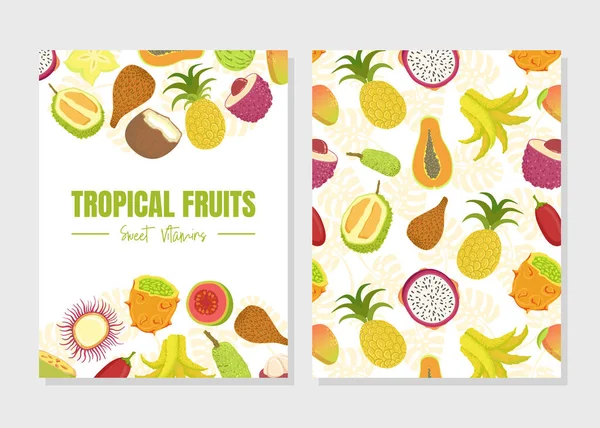 Tropical Fruits Sweet Vitamins Card Template with Fresh Ripe Exotic Fruit Vector Illustration — Stock Vector