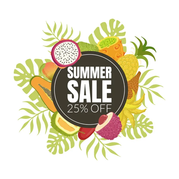 Summer Sale Banner Template with Sweet Fresh Ripe Tropical Fruits Vector Illustration — Stock Vector