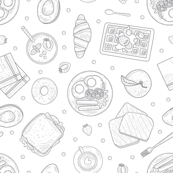 Menú de desayuno Dibujado a mano patrón sin costuras con platos de comida de la mañana, se puede utilizar papel de envoltura de tela, fondos de pantalla del sitio web, ilustración de vectores de fondo — Archivo Imágenes Vectoriales