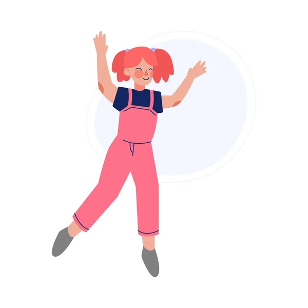 Happy Girl in Pink Overalls Joyfully Jumping, Smiling Child Having Fun Vector Illustration — Stock Vector