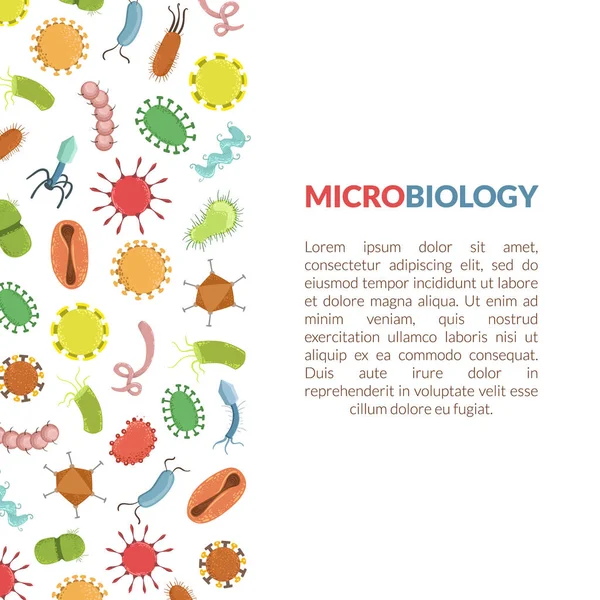 Microbiology Banner or Landing Page Template with Text and Colorful Bacterias, Science and Medicine Vector Illustration — Stock Vector