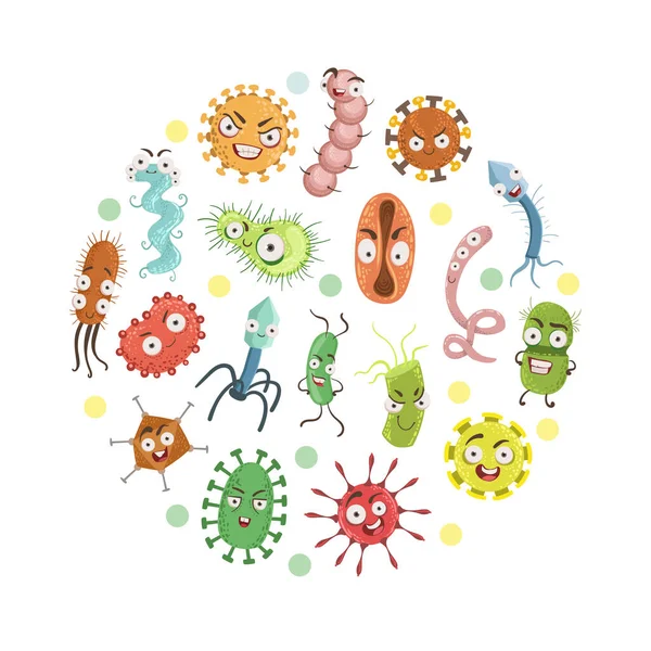 Colorful Viruses Characters of Round Shape, Science and Medicine Vector Illustration — Stock Vector