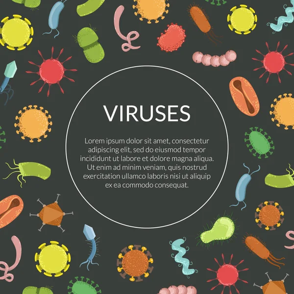 Viruses Banner Template with Space for Text and Colorful Bacterias, Science and Medicine Vector Illustration — Stock Vector