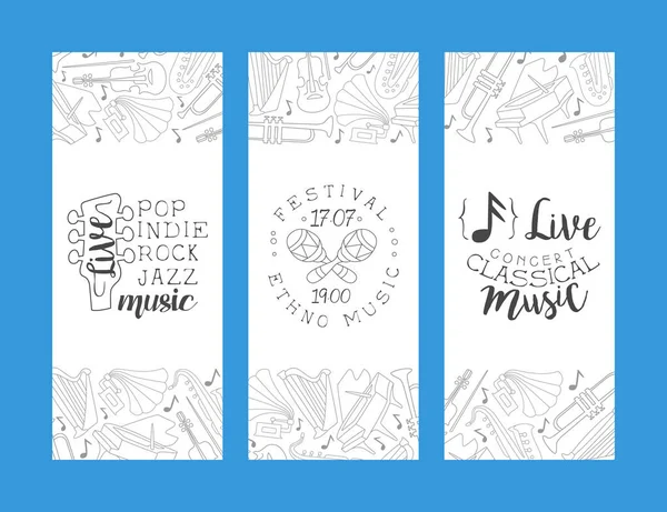 Pop, Indie, rock, jazz vertical, ethno music festival banner template, live musical concert vector illustration — 스톡 벡터