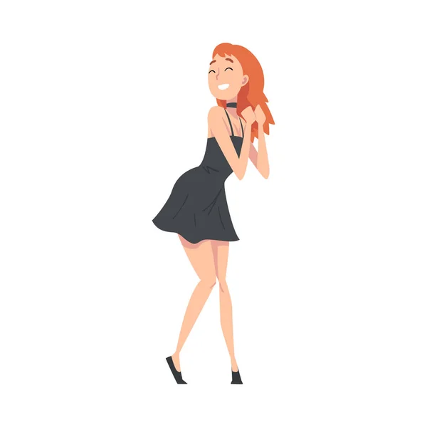 Gelukkig glimlachen jonge vrouw in zwart korte jurk dansen op partij vector illustratie — Stockvector