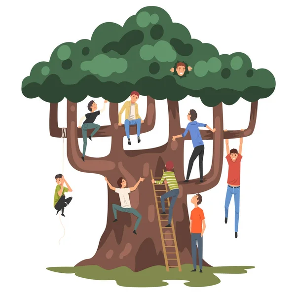 Tonårspojkar Klättra på ett stort träd och sitta på grenar vektor Illustration — Stock vektor