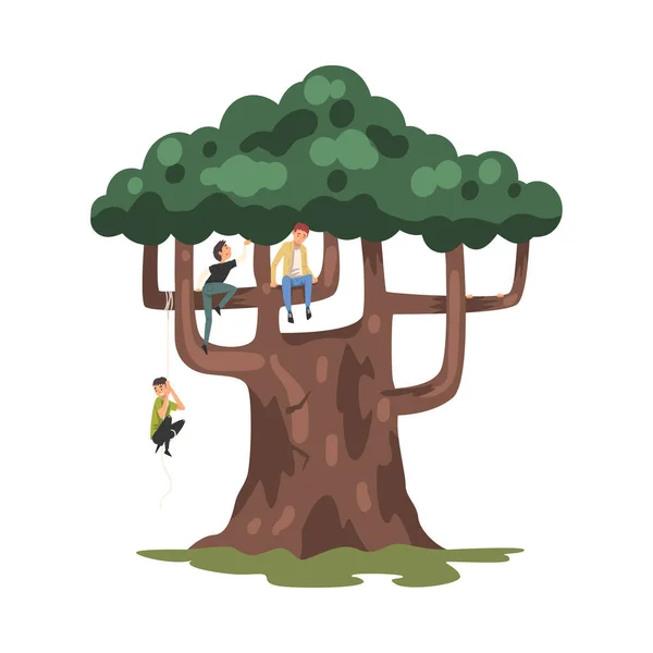 Teenage Boys Sitting on Branches, Child Swinging on Rope Vector Illustration — Διανυσματικό Αρχείο