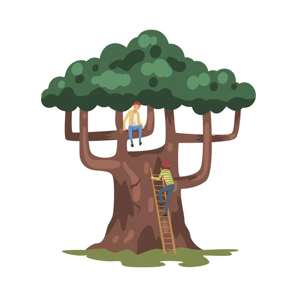 Niño adolescente trepando al árbol, adolescente sentado en la rama, ilustración vectorial de la actividad infantil — Archivo Imágenes Vectoriales