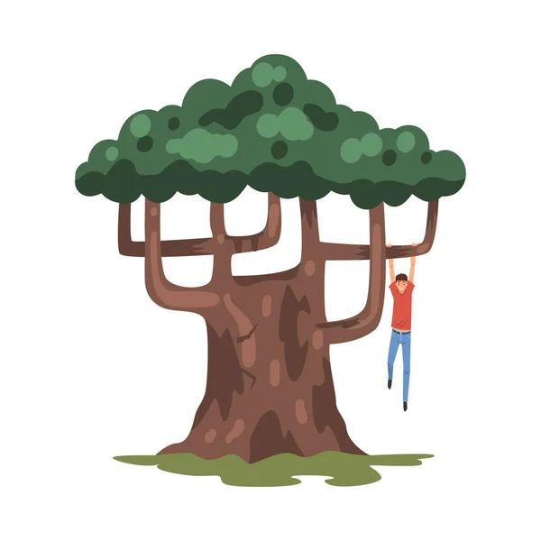 Мальчик-подросток, повешенный на ветке дерева, векторная иллюстрация детской деятельности — стоковый вектор