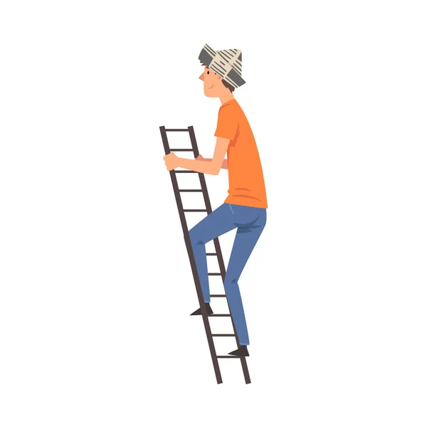 Mężczyzna budowa pracownik w a papier czapka stojący na krok drabina wektor ilustracja — Wektor stockowy
