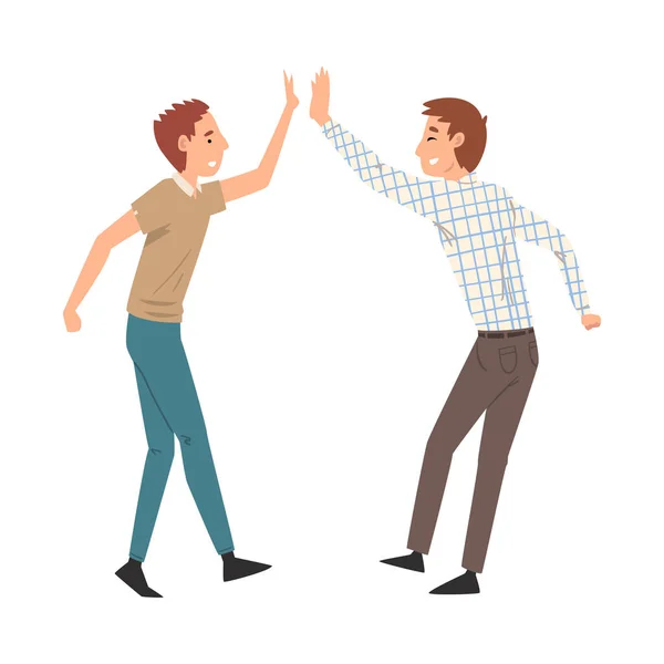 Two Men Giving High Five to Each Other, Meeting of Two People, Greeting of Freinds Vector Illustration — Stock Vector